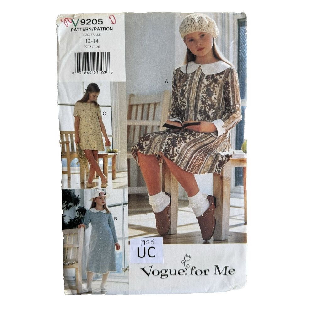 Vtg 90s Vogue Sewing Pattern 9205 Girls Dresses Peter Pan Collar School Sz 12-14